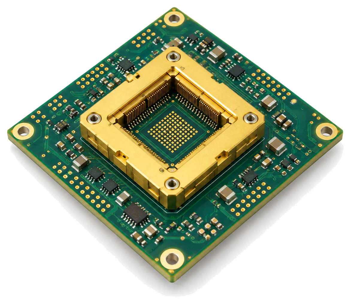 半導體測試板：帶金色測試座的 IC 測試板